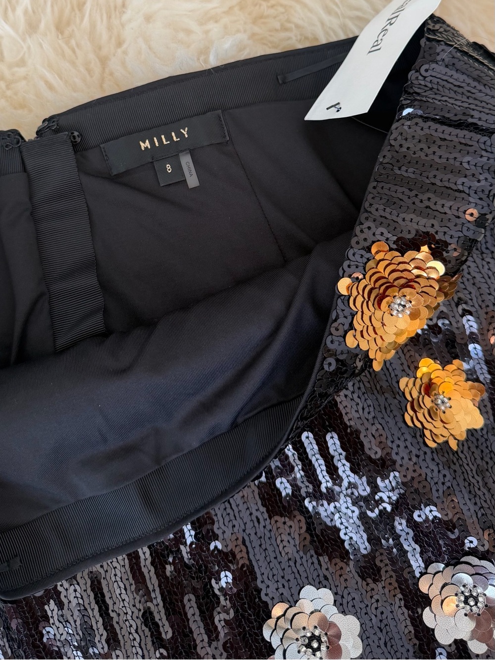 Milly Black Sequin Pencil Skirt with Gold & Silver Floral Appliqués - Picture 4 of 4